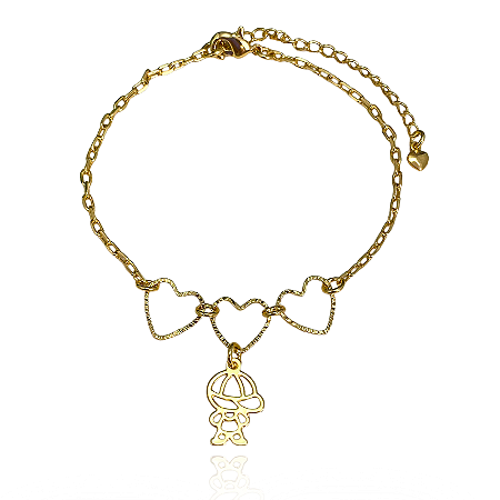 Pulseira 3 Corações Menino Semijoia Ouro