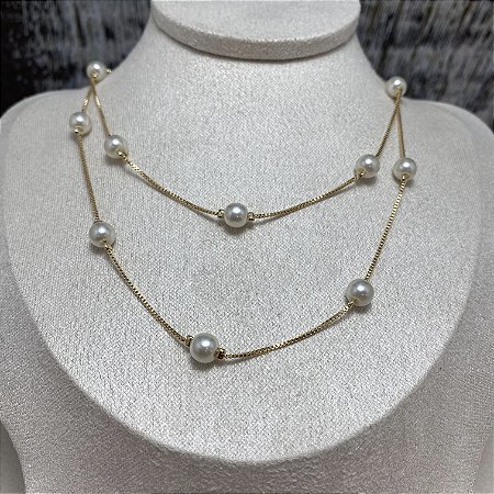 Colar Pérolas 60 cm Semijoia Ouro