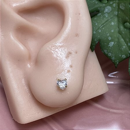 Brinco 2o. Furo Zircônia Coração P Semijoia Ouro