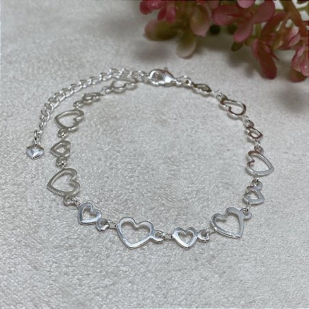 Pulseira Corações Semijoia Prata