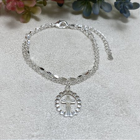 Pulseira Dupla Pingente de Cruz Semijoia Prata