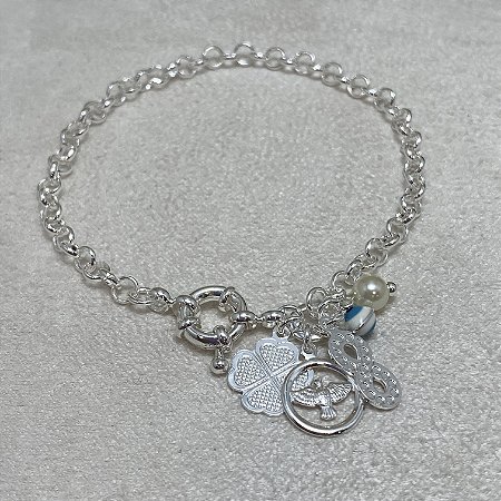 Pulseira Elo Português 5 Pingentes Semijoia Prata