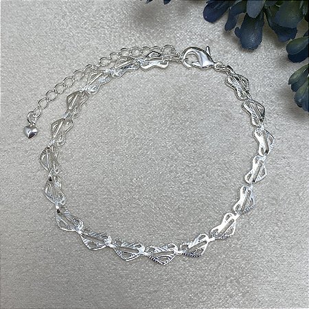 Pulseira Corações Bordados Semijoia Prata