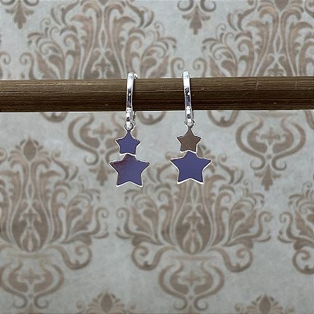 Brinco Argolinha 2 Estrelas Lisas Semijoia Prata