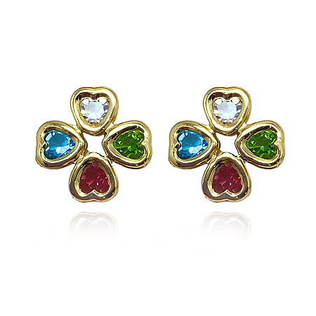 Brinco 4 Corações Coloridos Semijoia Ouro
