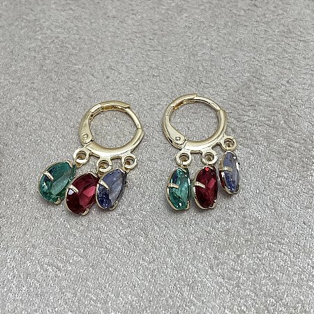 Brinco Argolinha 3 Gotas Coloridas Semijoia Ouro