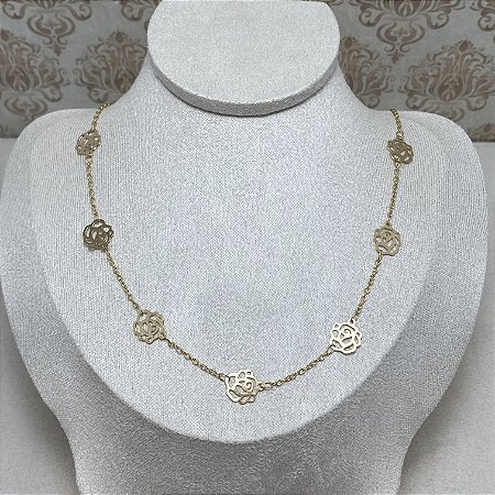 Colar Rosas Semijoia Ouro