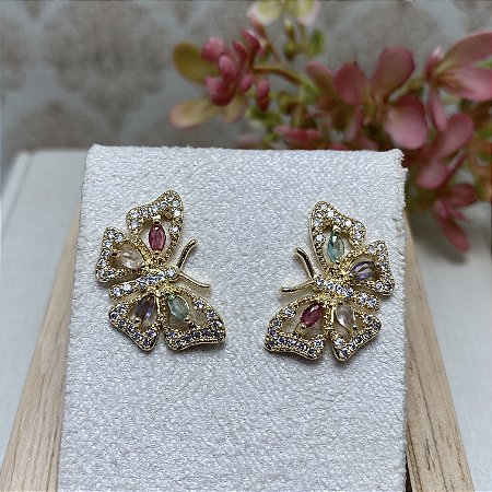 Brinco Borboleta Colorida Luxo Semijoia Ouro
