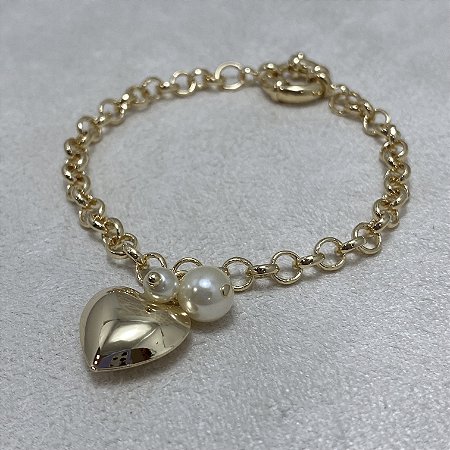 Pulseira Coração 2 Pérolas Semijoia Ouro