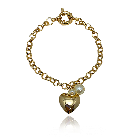 Pulseira Coração 2 Pérolas Semijoia Ouro