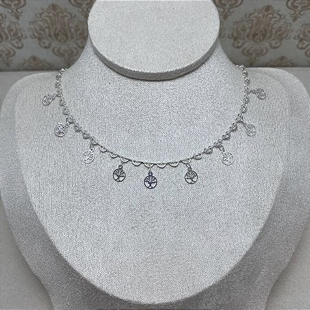 Colar Choker Corações e Árvore da Vida Semijoia Prata