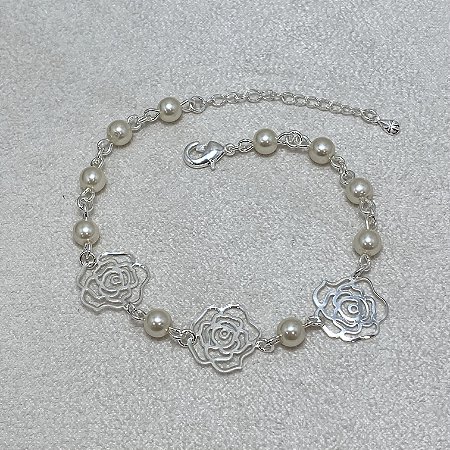 Pulseira Rosas com Pérolas Semijoia Prata