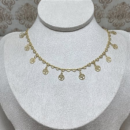 Colar Choker Corações e Árvore da Vida Semijoia Ouro