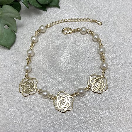 Pulseira Rosas com Pérolas Semijoia Ouro