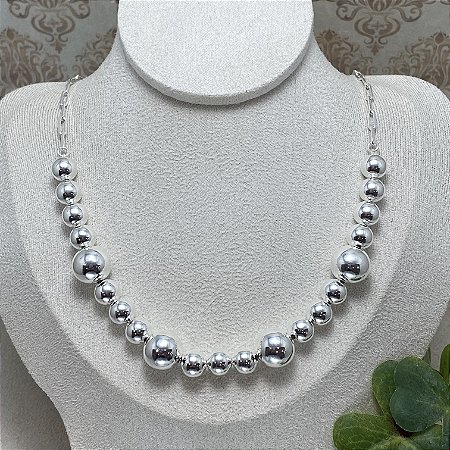 Colar Bolas Alternadas Semijoia Prata