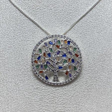 Colar Árvore da Vida Colorida Semijoia Prata