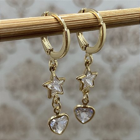 Brinco Argolinha Estrela Coração Semijoia Ouro