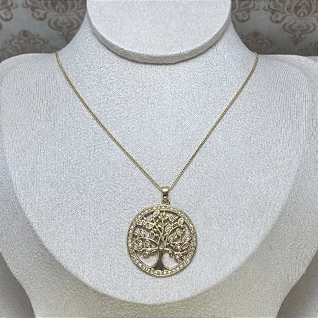 Colar Árvore da Vida Zircônia Cristal Semijoia Ouro