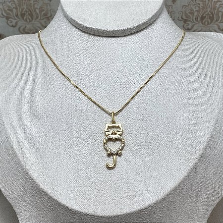Colar Gato Coração Semijoia Ouro