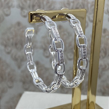 Brinco Argola Corrente Cravejada Semijoia Prata