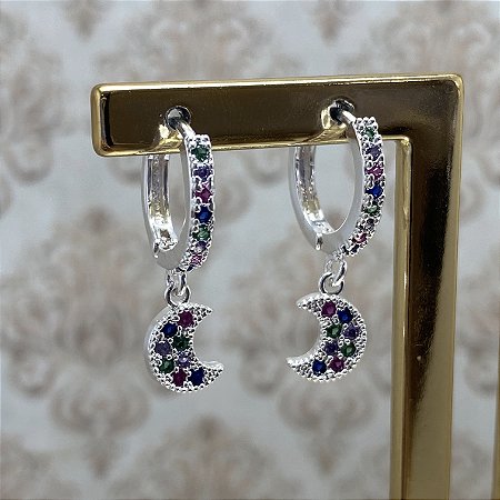 Brinco Argolinha Lua Colorida Semijoia Prata