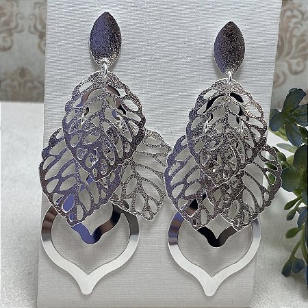 Brinco Maxi Folhas Semijoia Prata