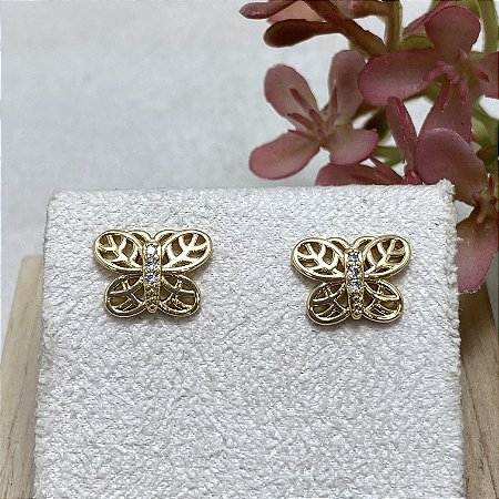 Brinco Borboleta Bordada Semijoia Ouro