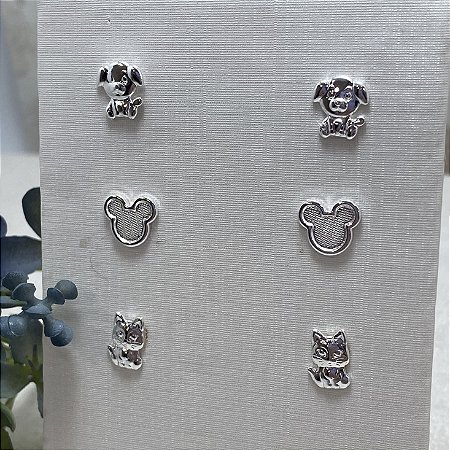 Trio de Brincos Infantis Ternurinha Semijoia Prata