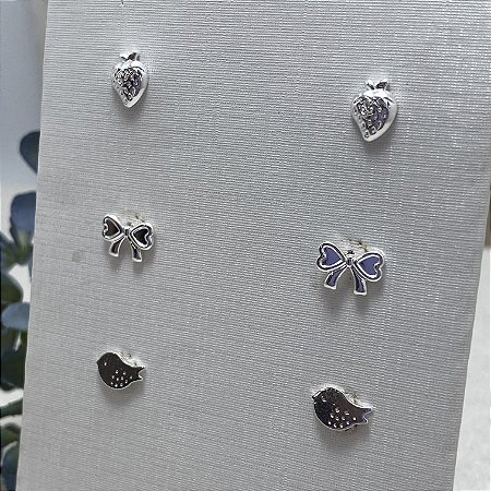 Trio de Brincos Infantis Fofurinha Semijoia Prata