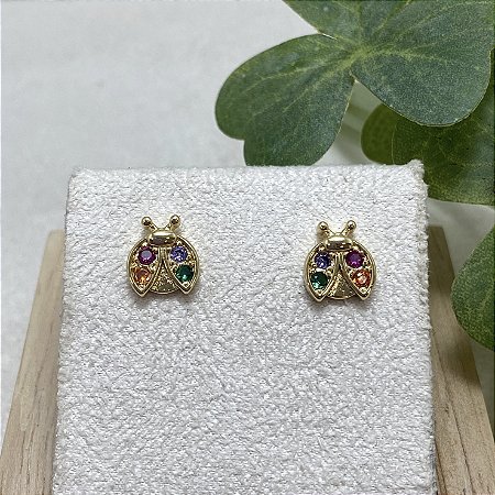 Brinco Joaninha Colorida Semijoia Ouro