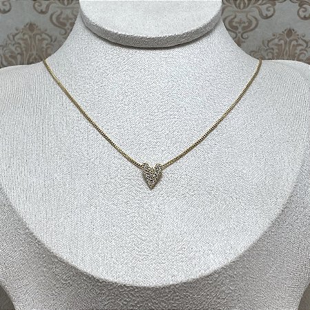 Colar Coração Comprido Cravejado Semijoia Ouro
