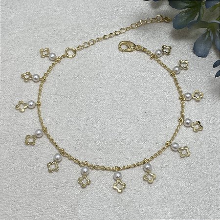 Pulseira Pérola Trevinho Semijoia Ouro
