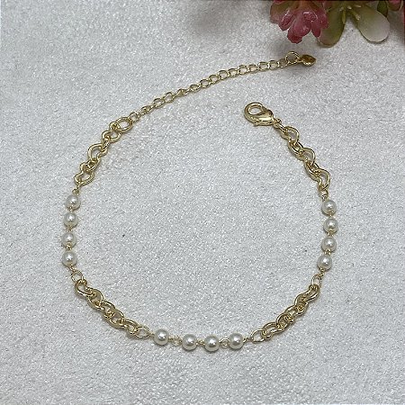 Pulseira Pérola Coração Semijoia Ouro