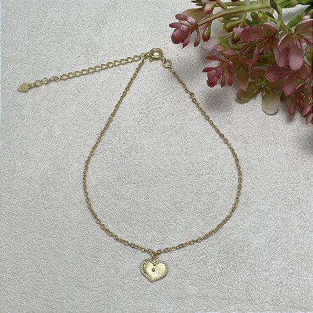 Tornozeleira Coração Frisado Semijoia Ouro