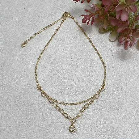 Tornozeleira Dupla Coração Semijoia Ouro