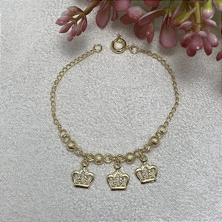 Pulseira Infantil 3 Coroas Semijoia Ouro