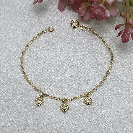 Pulseira Infantil 3 Corações Semijoia Ouro