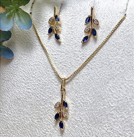 Conjunto Folha Safira Semijoia Ouro