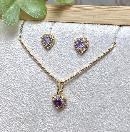 Conjunto Coração P Ametista Semijoia Ouro