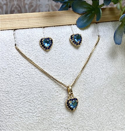Conjunto Coração P Azul Semijoia Ouro