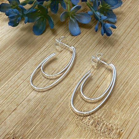 Brinco Argola Oval Dupla Semijoia Prata