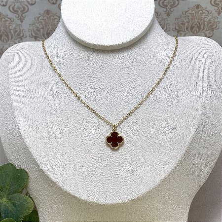 Colar 1 Trevo Marrom Semijoia Ouro