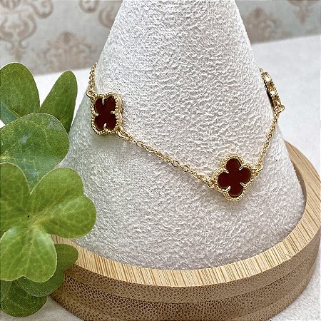 Pulseira 3 Trevos Marrons Semijoia Ouro