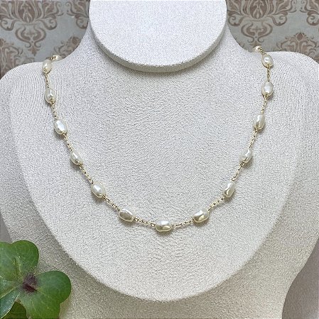 Colar Pérola Barroca 44cm Semijoia Ouro