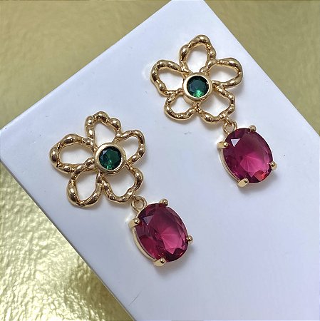 Brinco Clássico Rubi Semijoia Ouro