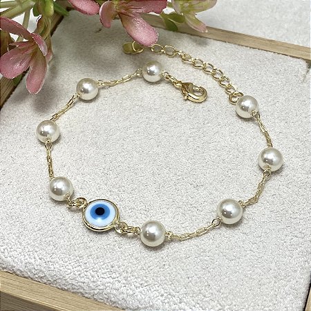 Pulseira Pérolas com Olho Grego Semijoia Ouro