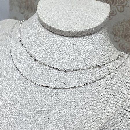 Colar Choker Duplo com Bolinhas Semijoias Prata