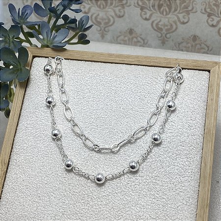 Pulseira Dupla Elos e Bolinhas Semijoia Prata