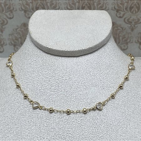 Colar Bolinhas e Corações Cristal Semijoia Ouro