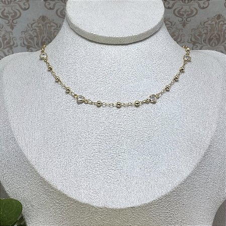 Colar Bolinhas e Corações Cristal Semijoia Ouro